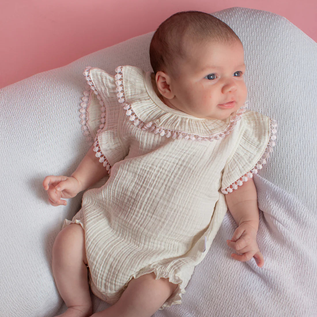 Organic Cotton Muslin Baby Girl Bubble with Pom Pom Trim