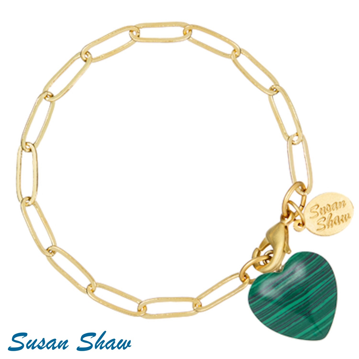 Susan Shaw | Audrey Gold Paperclip Chain Bracelet with Green Malachite Heart