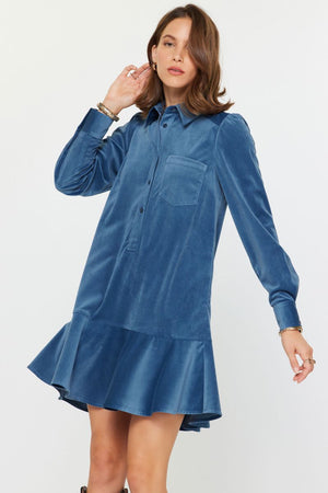 Button Down Steel Blue Corduroy Dress