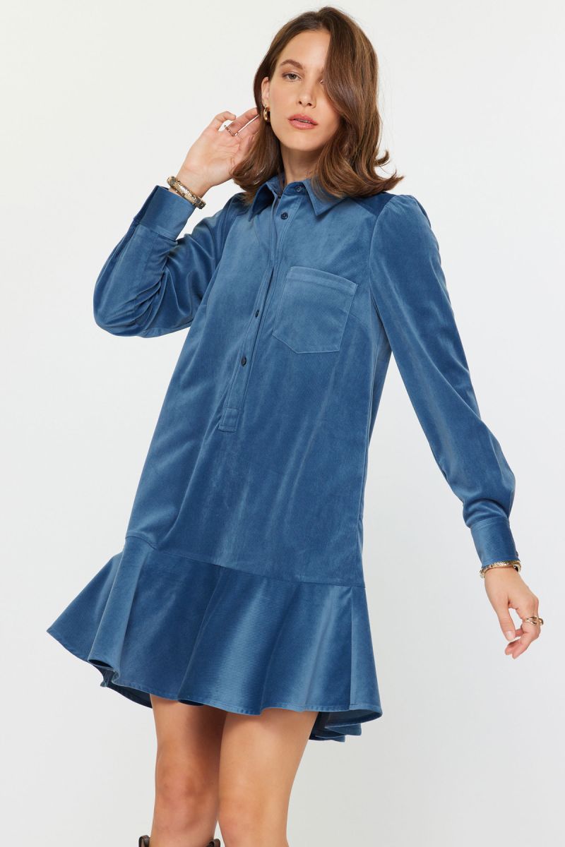 Button Down Steel Blue Corduroy Dress