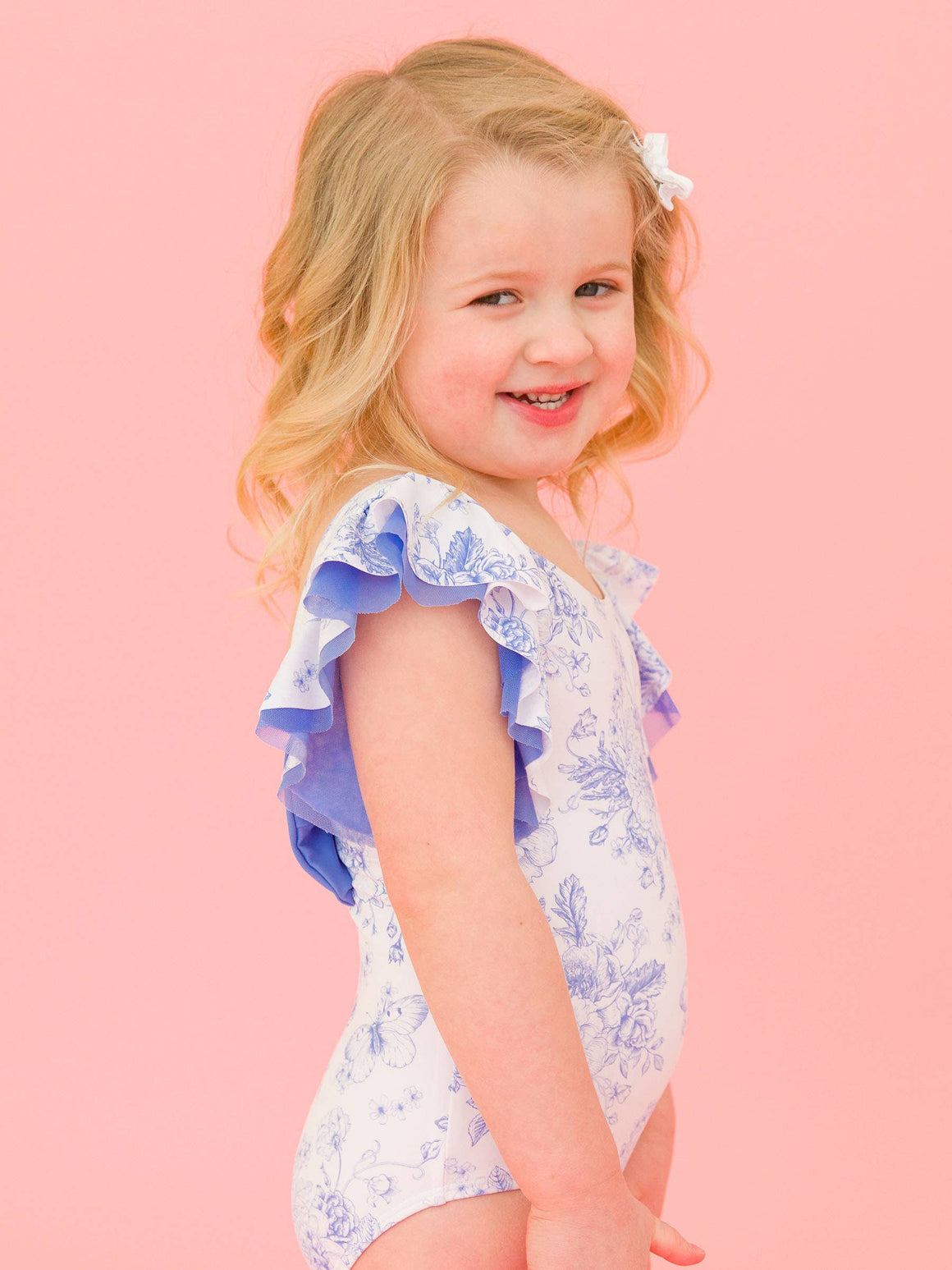 Girls Periwinkle Blue Butterfly Garden Toile Butterfly Sleeve One Piece Swimsuit