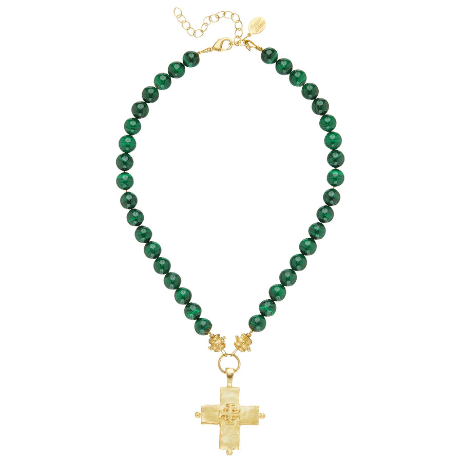 Susan Shaw | Handcast Gold Double Cross Pendent on Malachite Necklace