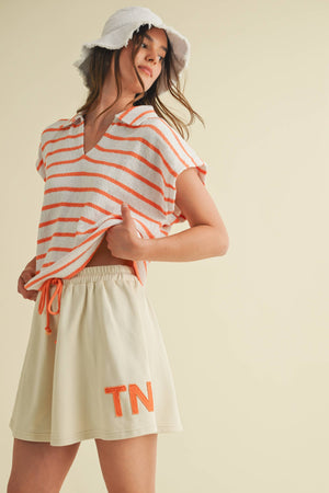 STRIPED COLLARED V NECK TOP