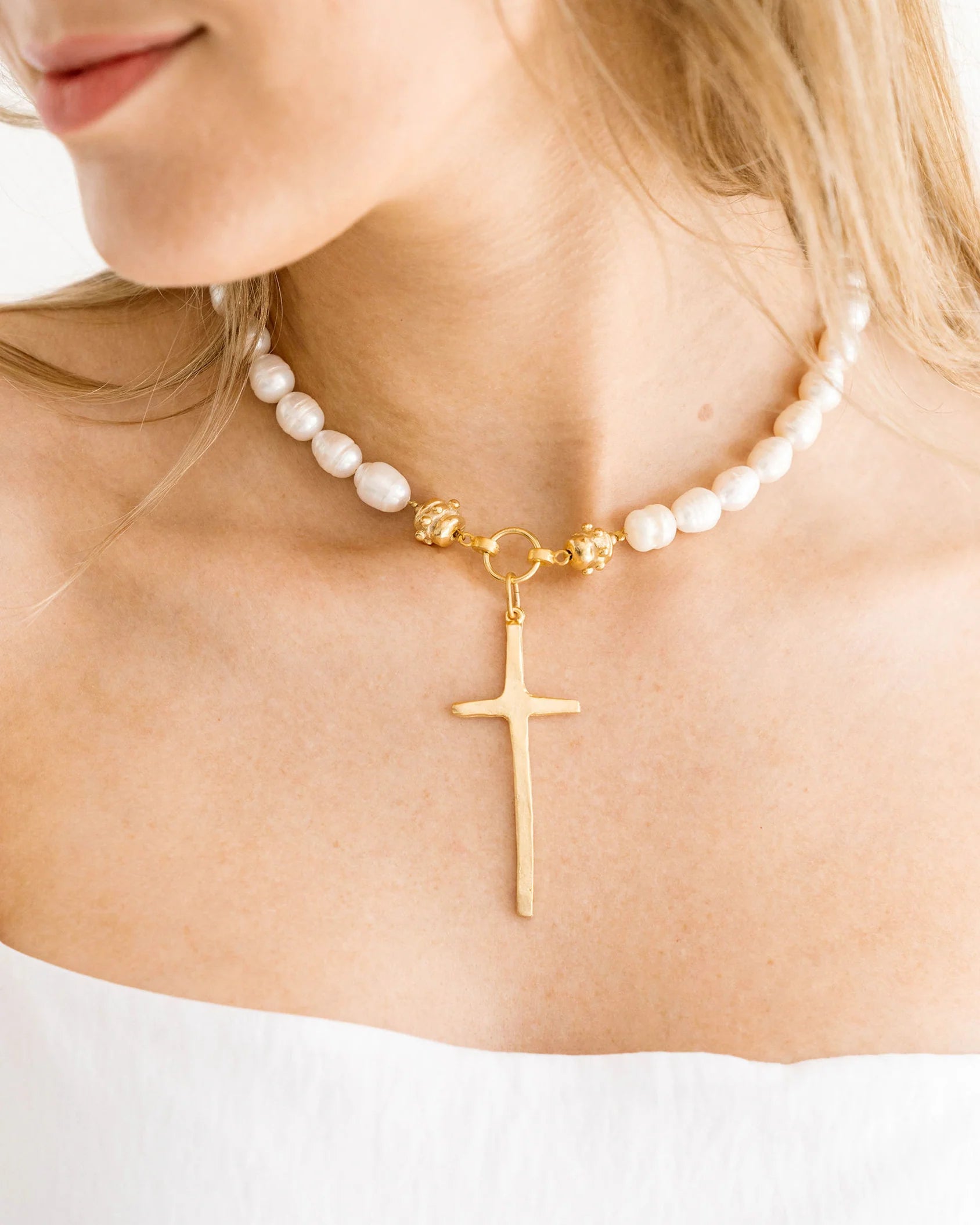 Susan Shaw | Tall Gold Cross on Toggle Pearl Necklace
