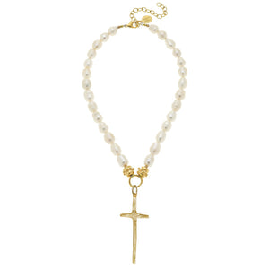 Susan Shaw | Elongated Cross Pearl Necklace