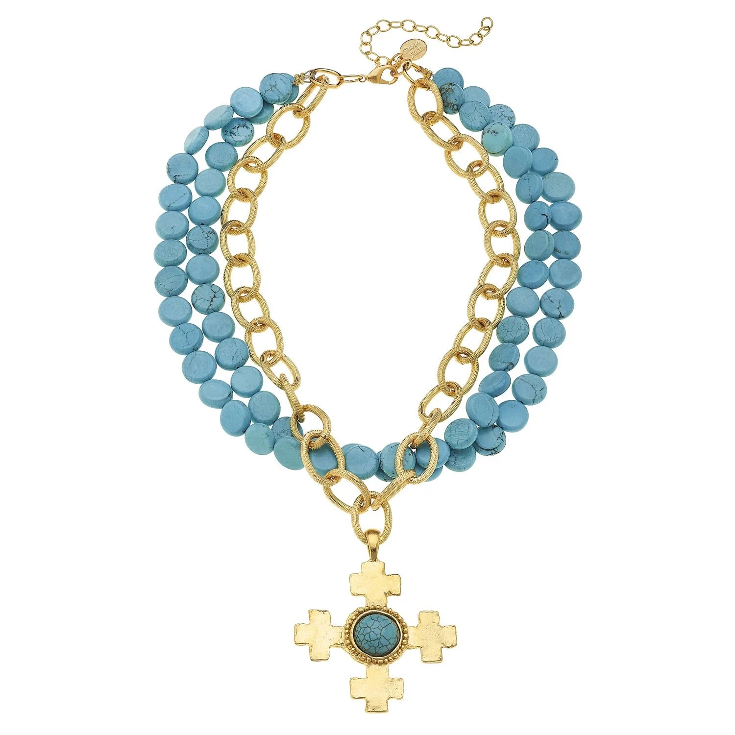 Susan Shaw | Gold 4 Cross, 3 Strand Turquoise Necklace