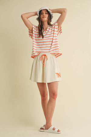 STRIPED COLLARED V NECK TOP