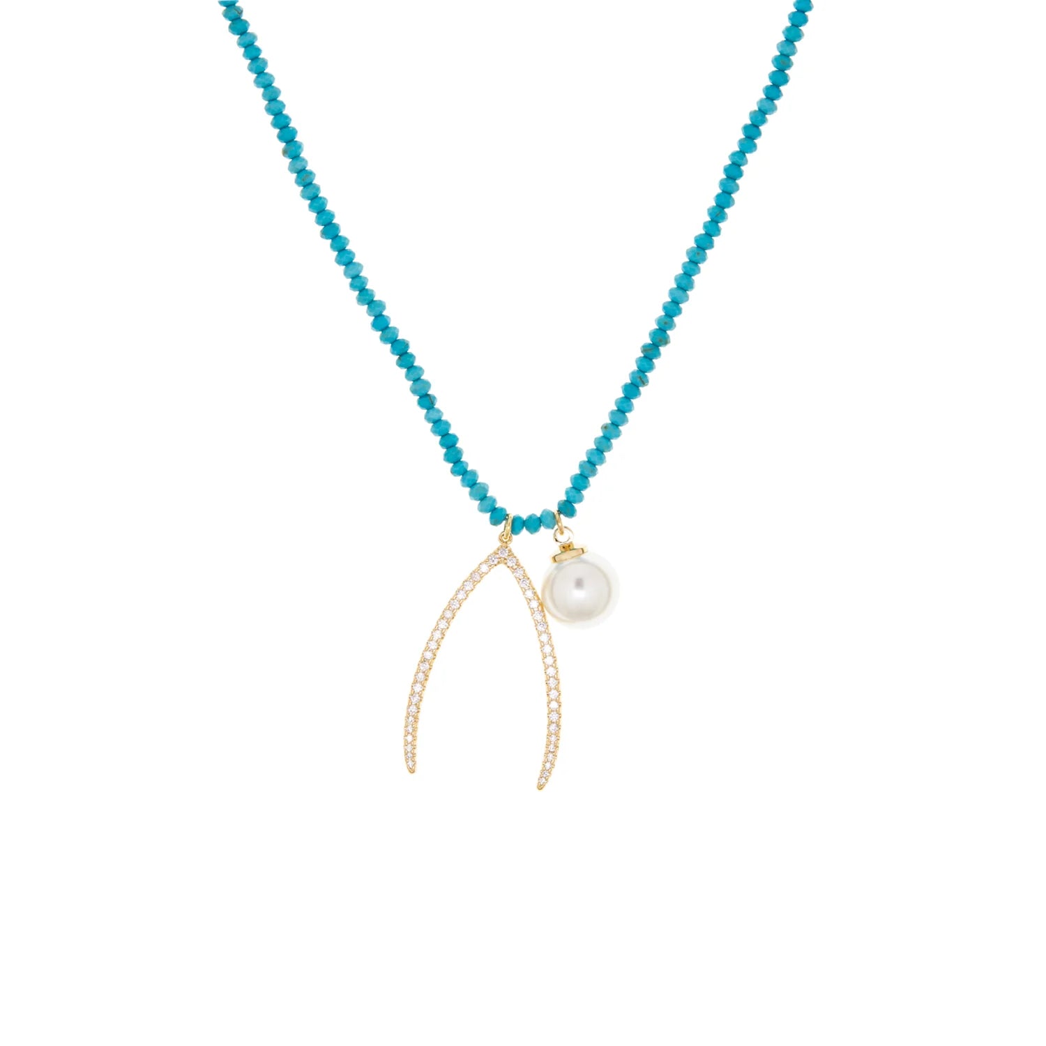Marlyn Schiff |  Turquoise Beaded Necklace with Wishbone and Pearl Charm (Copy)