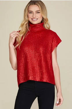 Frances Red Metallic Short Sleeve Sweater