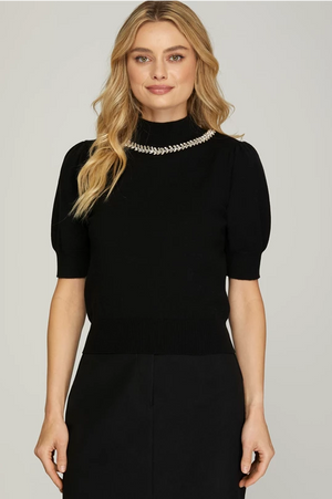 Michelle Black Puff Sleeve and Rhinestone Sweater