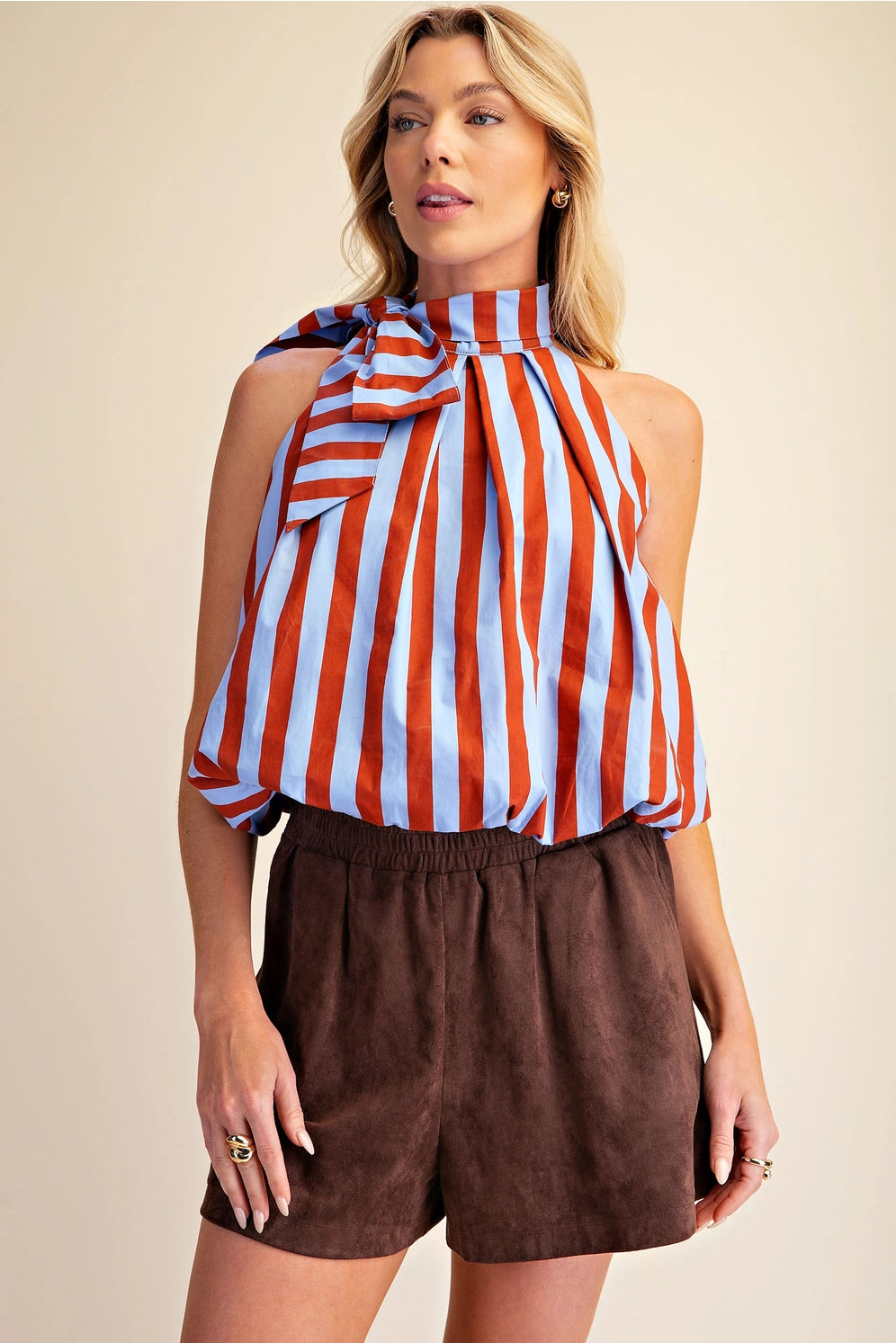 Lucy High Neck Tie Wrap Stripe Balloon Top