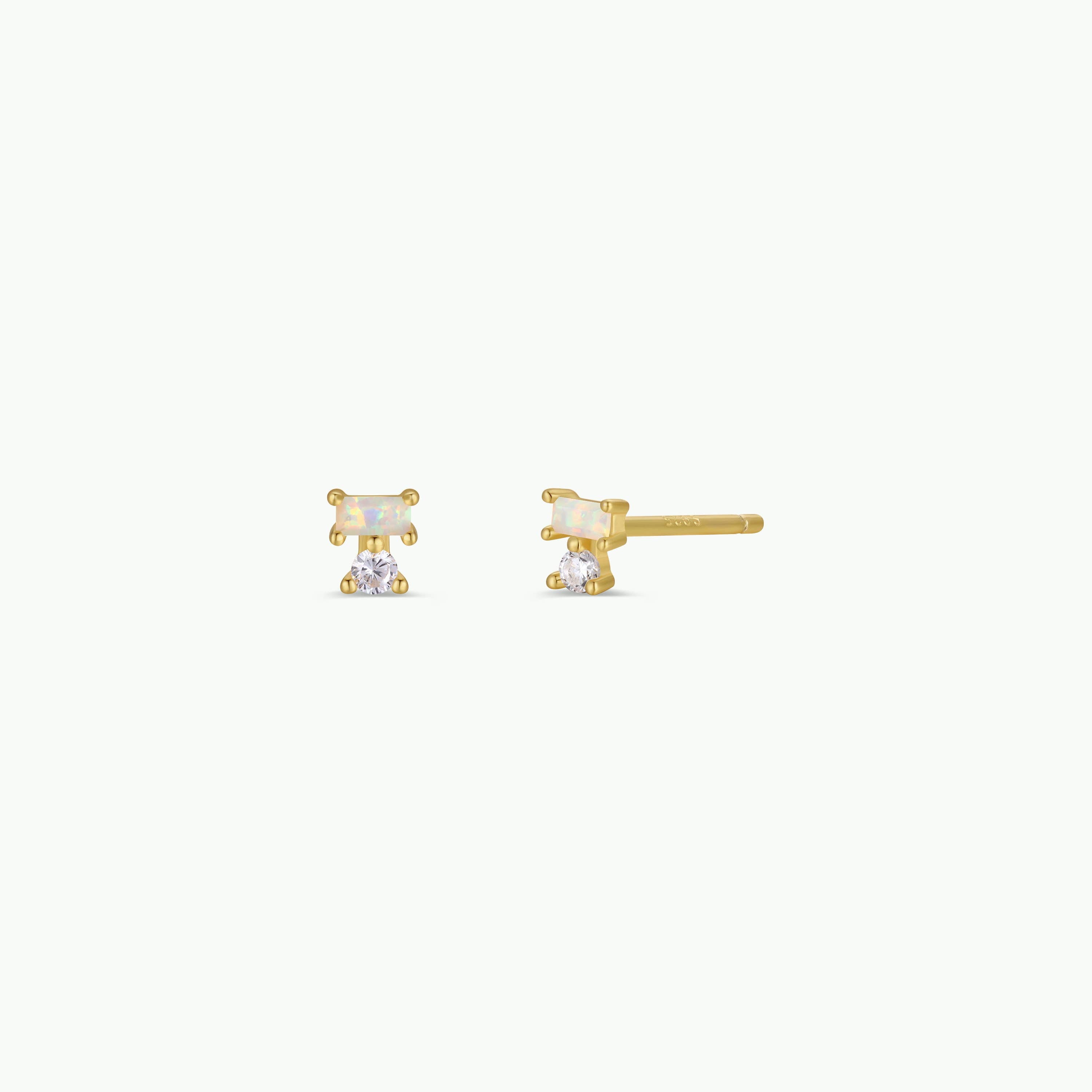 Double Stud Stack Gold Earrings - Opal White