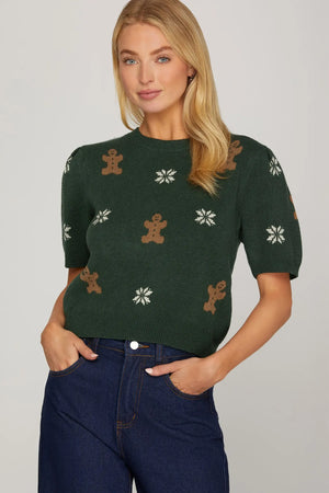 Gingerbread Man Short Sleeve Holiday Sweater
