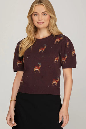 Holiday Stag/Reindeer Short Sleeve Sweater