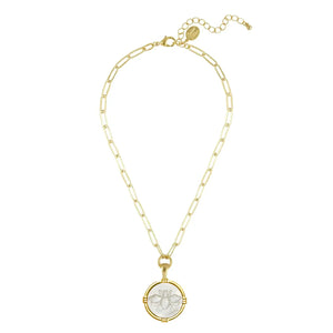 Susan Shaw | Handcast Gold with Mother of Pearl Bee Pendant on Paper Clip Chain Necklace