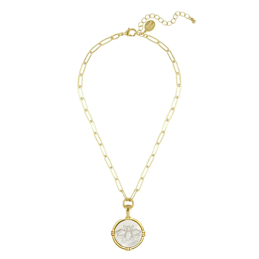 Susan Shaw | Handcast Gold with Mother of Pearl Bee Pendant on Paper Clip Chain Necklace