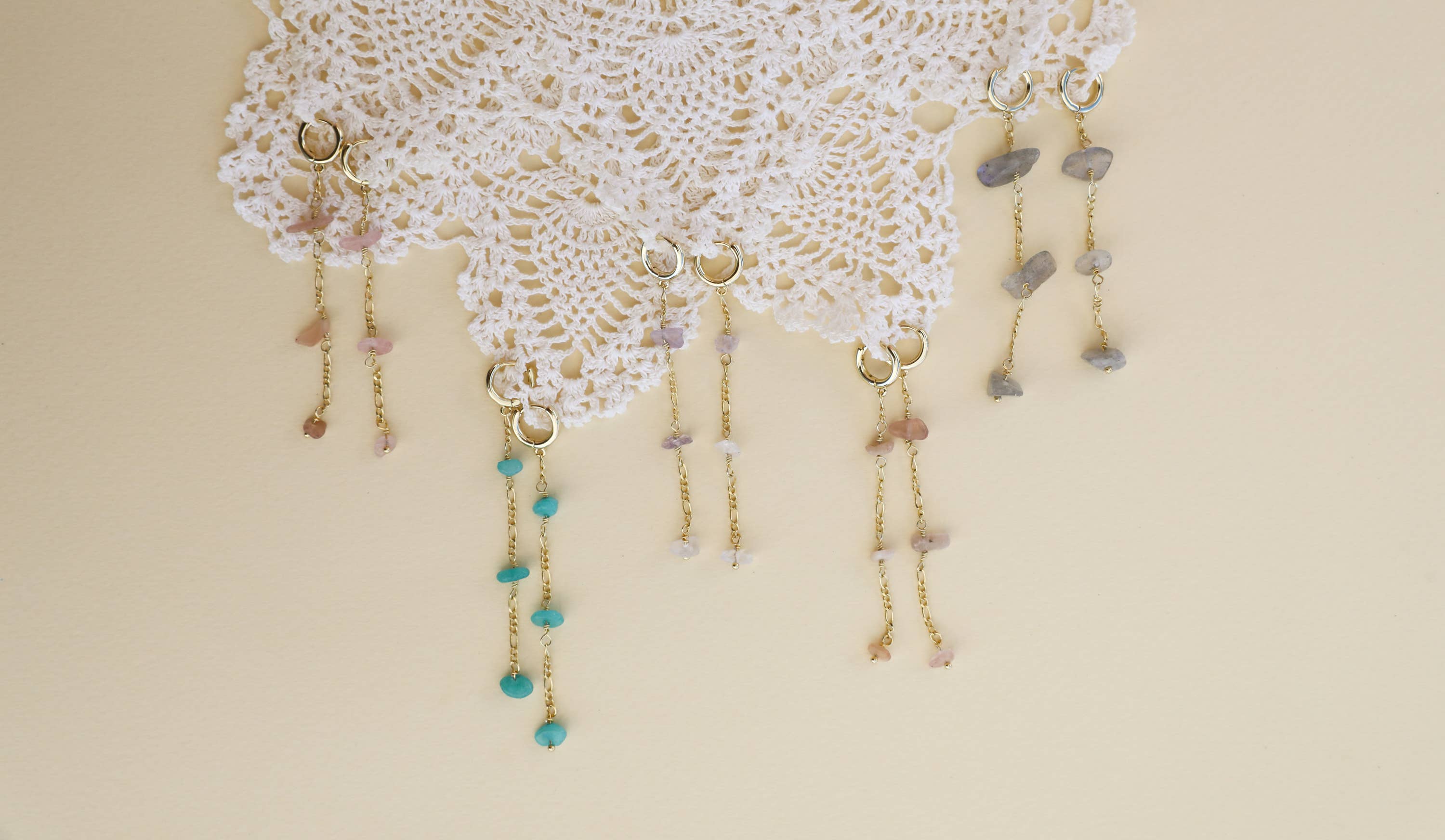 Raw Gemstone Chain Drop Earring - Peach Moonstone
