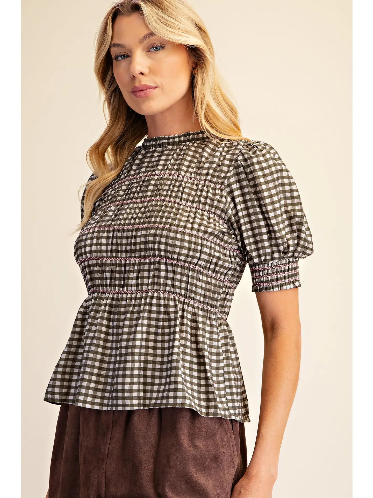 Serra Plaid Smocked Puff Sleeve Shirt
