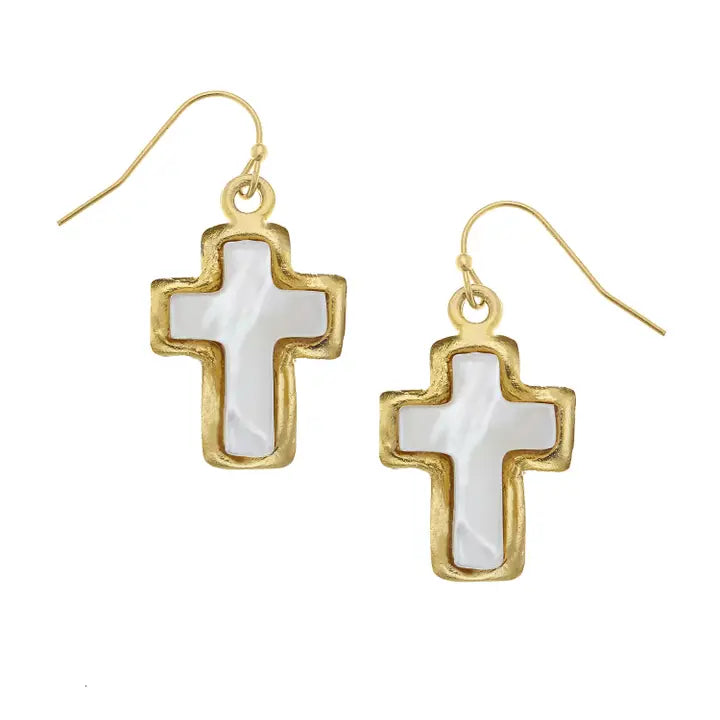 Mother of Pearl Cross Drop Earrings