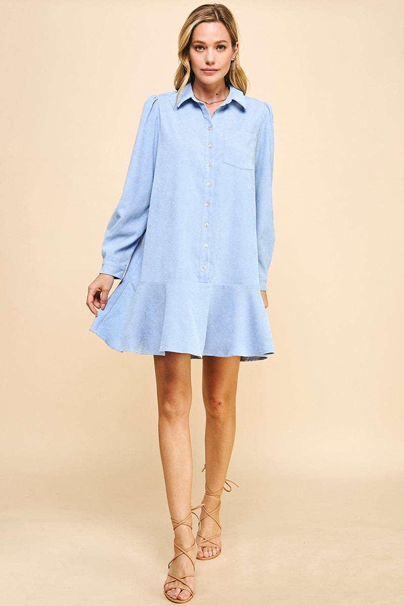 PINCH | Corduroy Button Down Mini Dress Blue