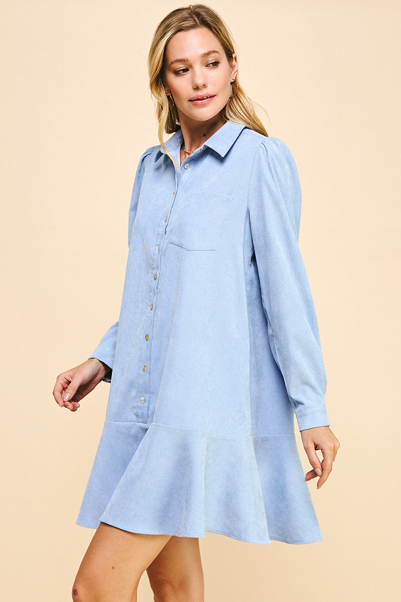 PINCH | Corduroy Button Down Mini Dress Blue