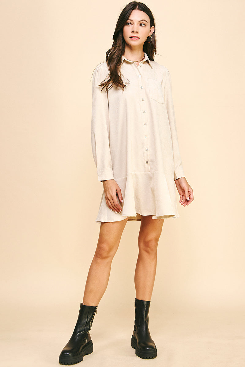 PINCH | Corduroy Button Down Mini Dress Oatmeal