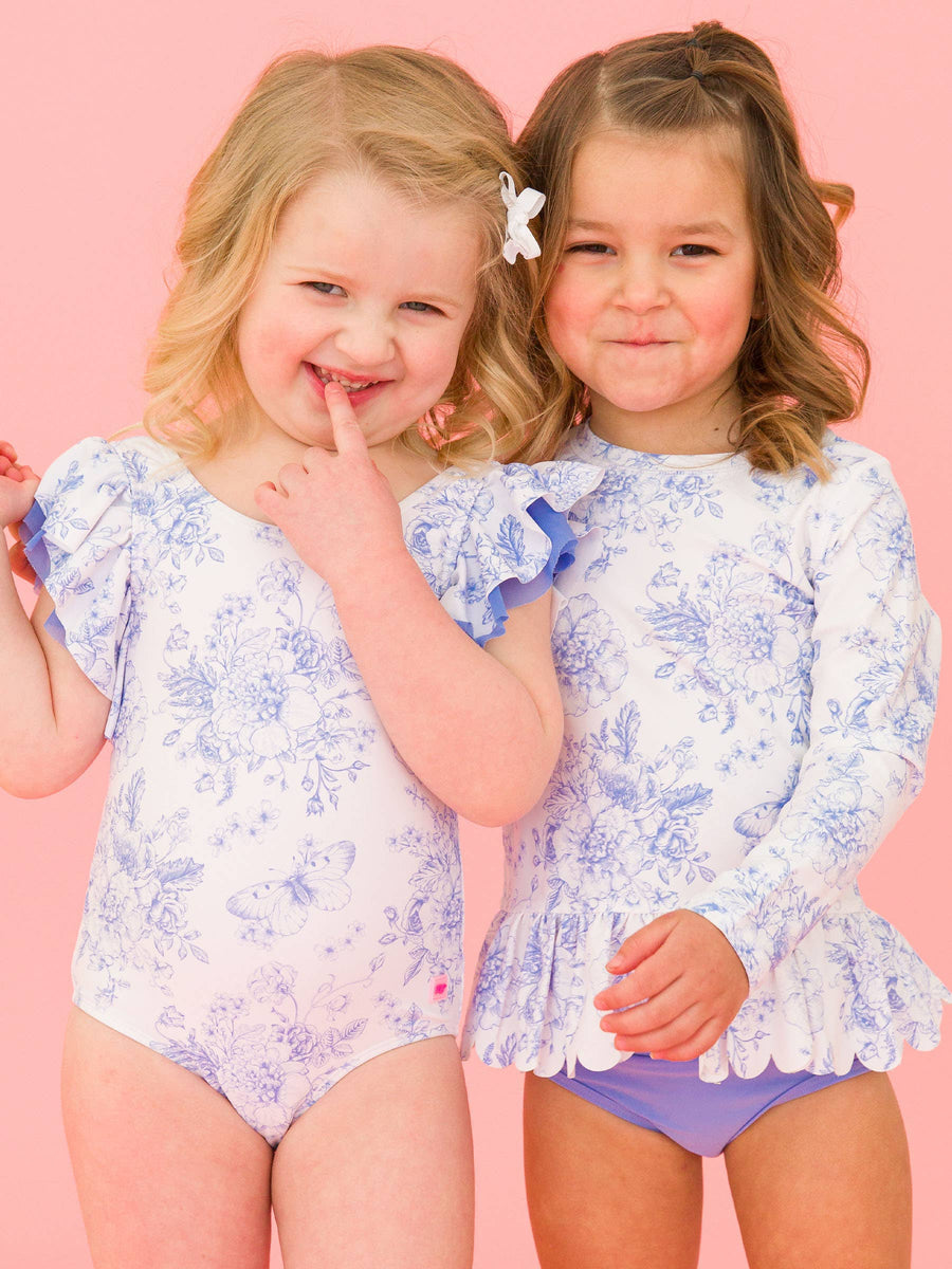 Girls Periwinkle Blue Butterfly Garden Toile Butterfly Sleeve One Piece Swimsuit