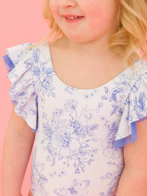 Girls Periwinkle Blue Butterfly Garden Toile Butterfly Sleeve One Piece Swimsuit