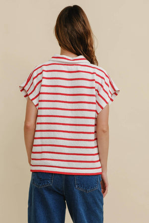 STRIPED COLLARED V NECK TOP