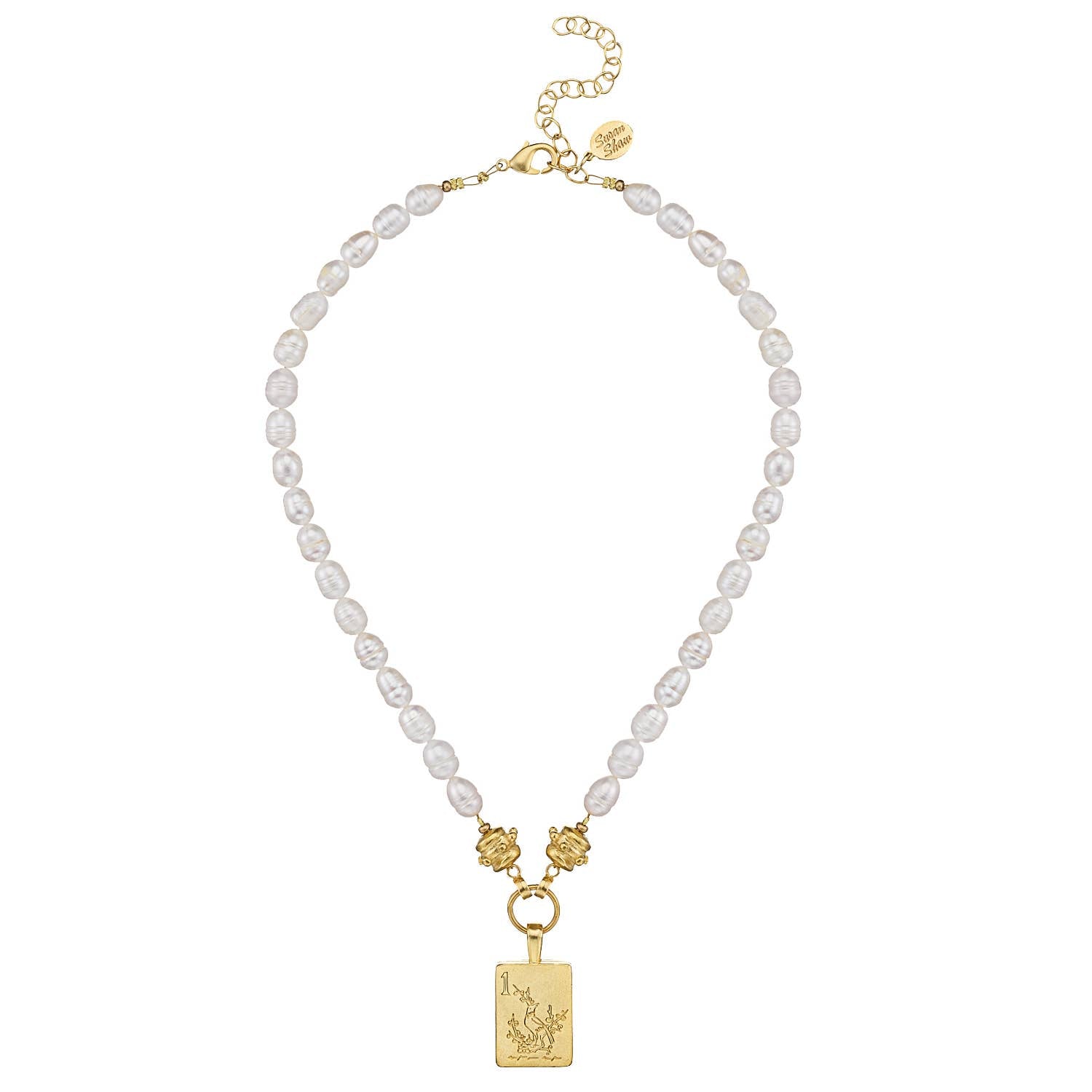 1 Bam Bird Mahjong Tile Pearl Necklace