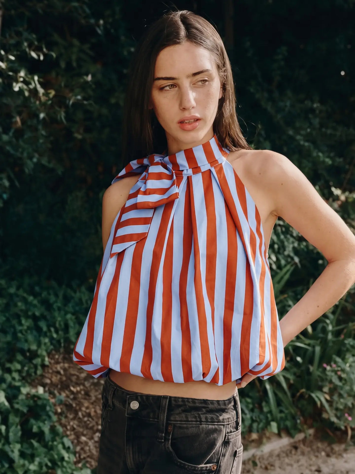 Lucy High Neck Tie Wrap Stripe Balloon Top