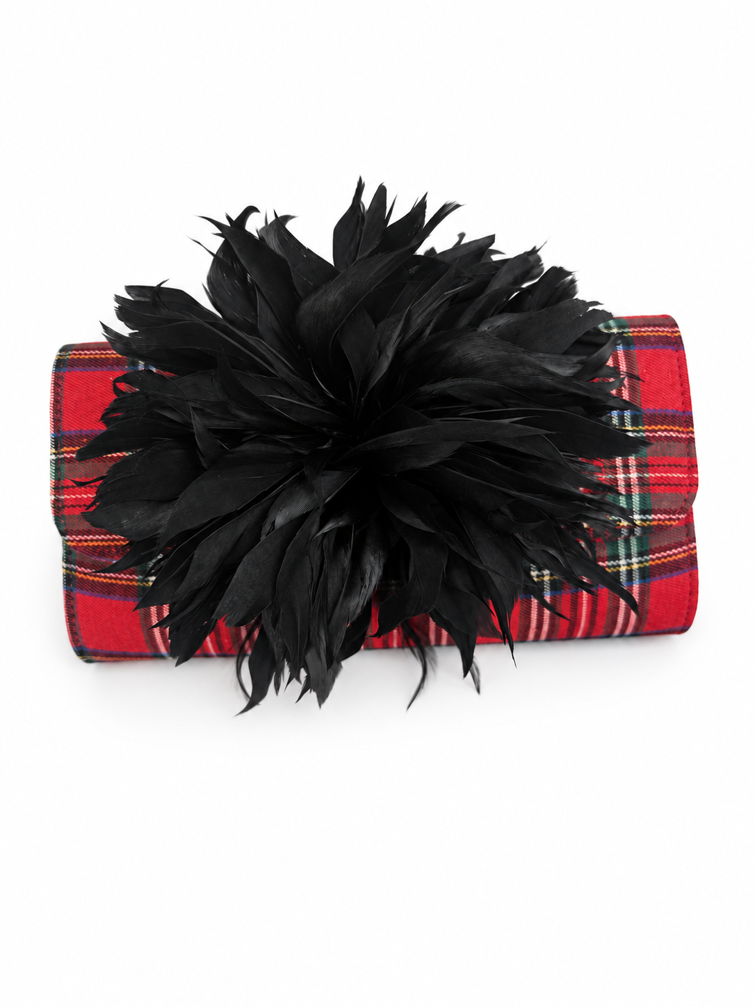 Red Plaid Avery Clutch with Black Feather