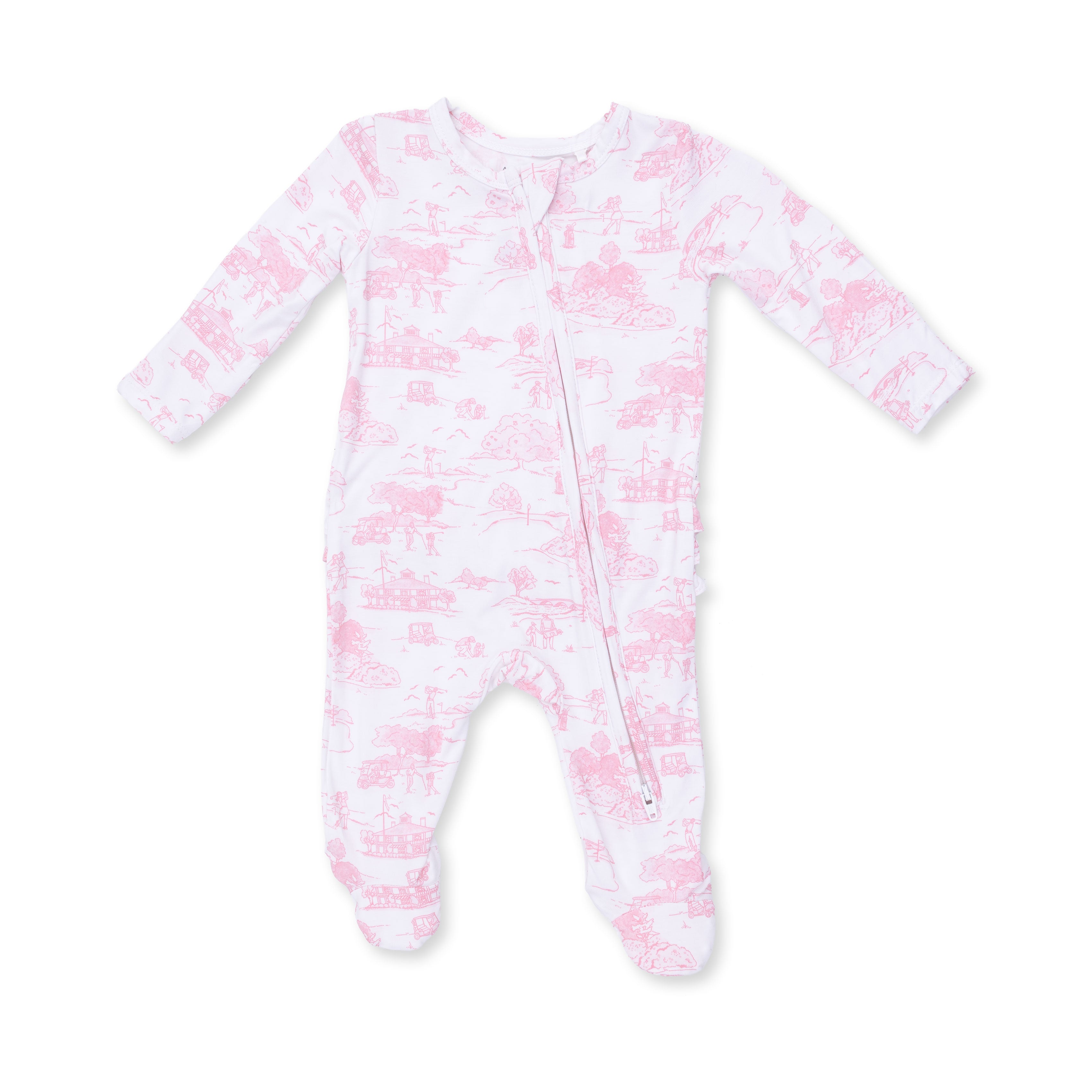 Angel Dear | Golf Toile Pink 2 Way Ruffle Back Zipper Footie