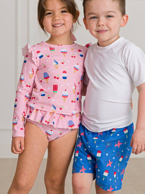 Girls Sweet Freedom Flutter Long Sleeve Rash Guard Skirted 2-Piece Swimsuit