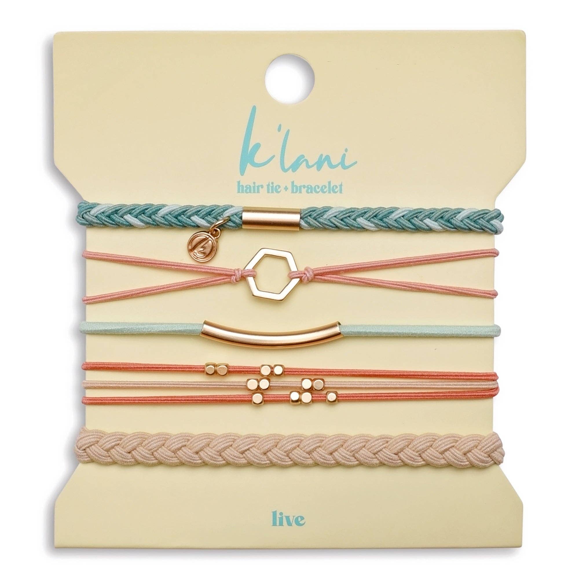 "Live" Teal & Coral with Gold Accent Hair Tie Bracelets