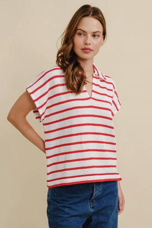 STRIPED COLLARED V NECK TOP