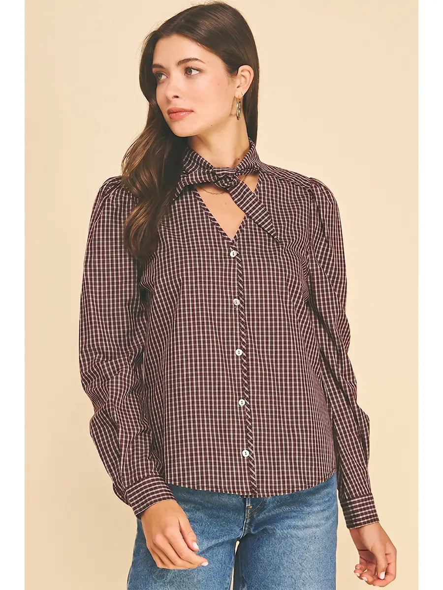 Laney Brown Gingham Tie Neck Top