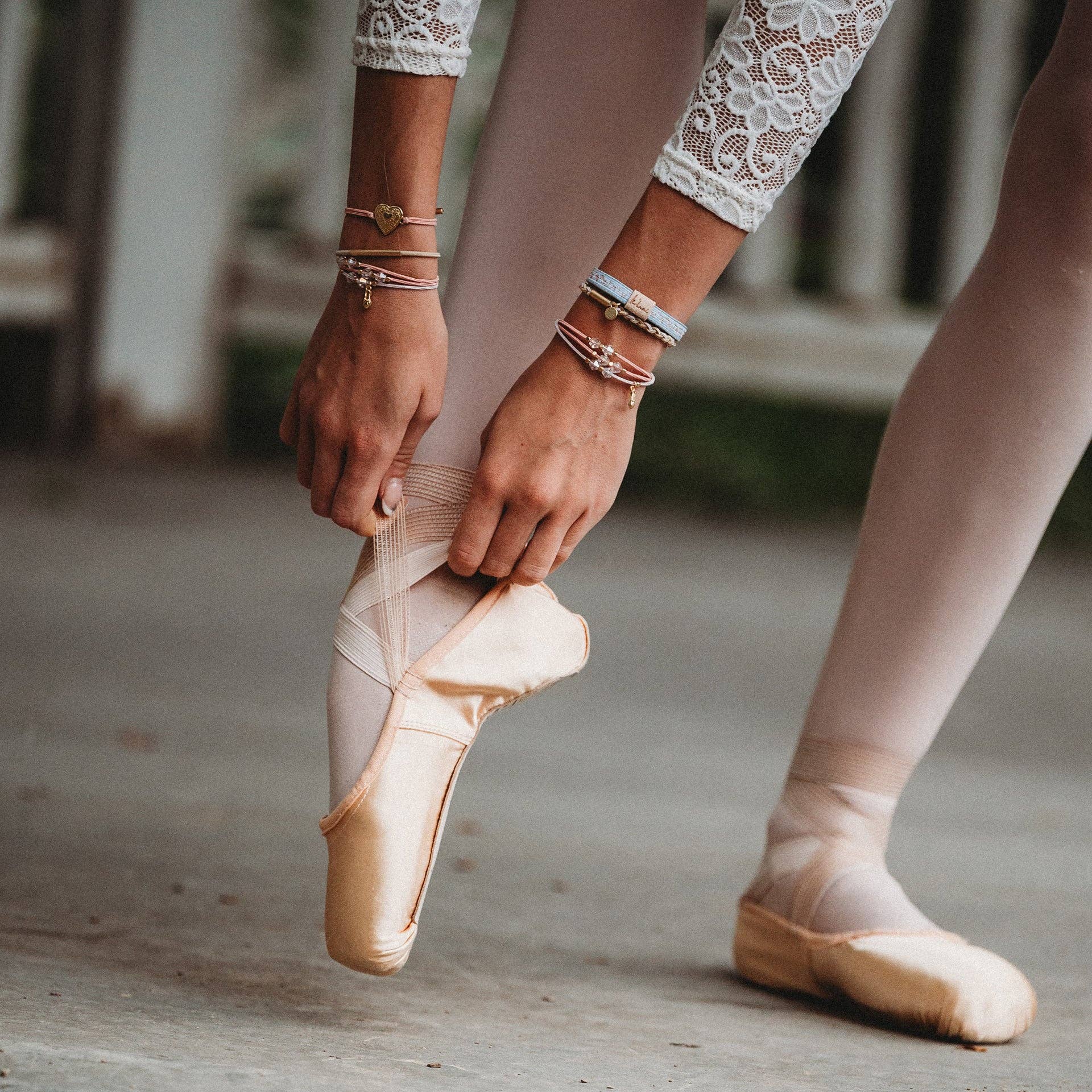 "Relevé" Pink Floral with Ballet Slipper Hair Tie Bracelets