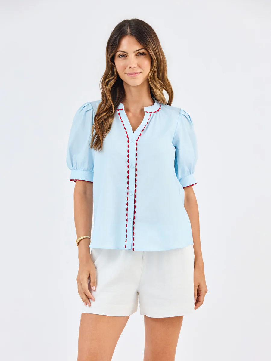 Elaine LIght Blue Puff Sleeve Top w/ red trim