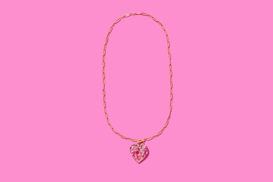 Paperclip Chain Necklace - Heart Pendant - Pink Confetti