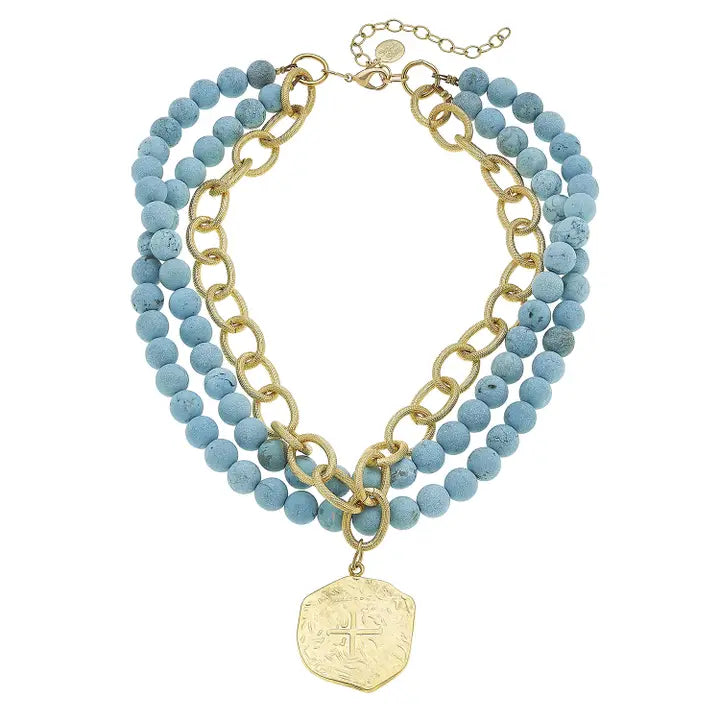Handcast Gold Coin & 3 Row Matte Turquoise Necklace