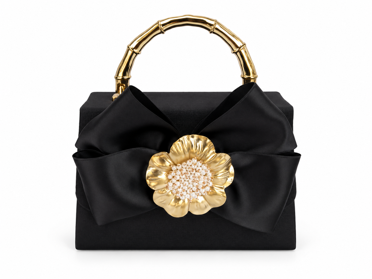 Black Lulu with Black Satin Bow and Pearl Bag