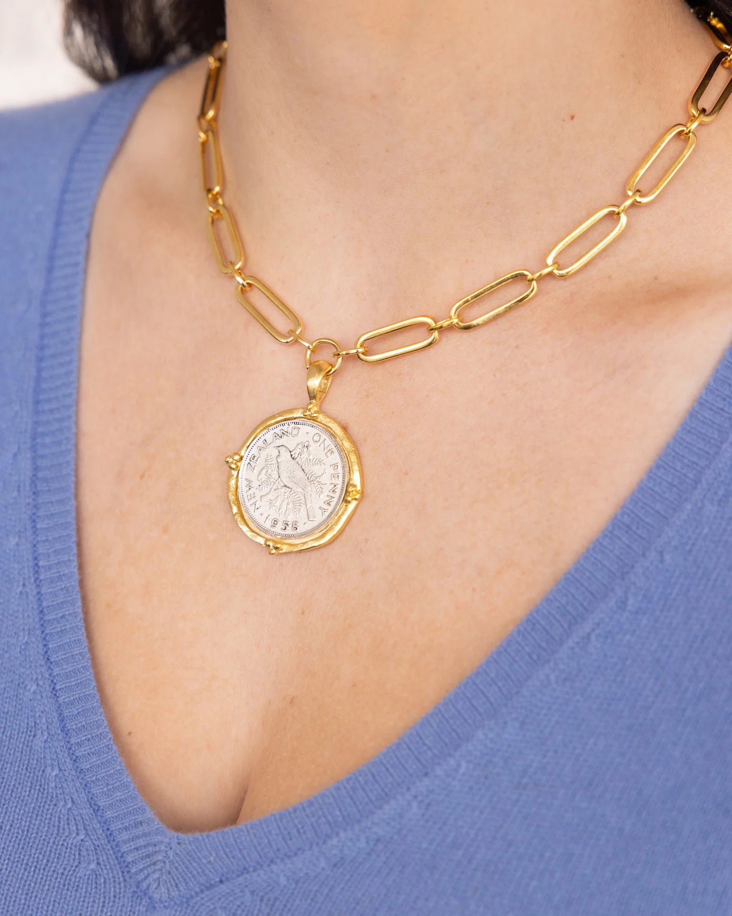 Susan Shaw | New Zealand Gold Mixed Link Paperclip Necklace w/ Large Gold & Silver Dove Coin