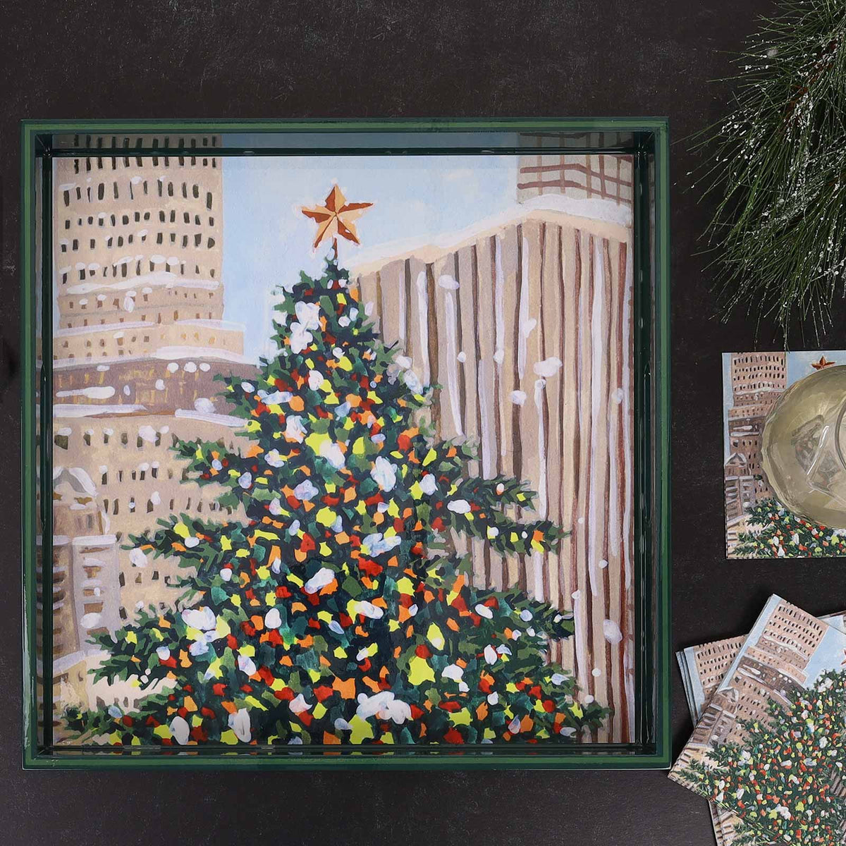 Cityscape Yuletide Square Lacquer Serving Tray