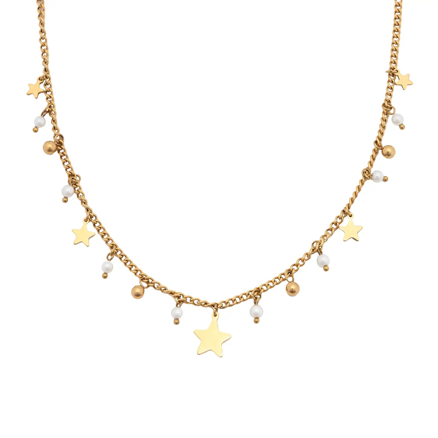 CAI | Gold Star Pearl Dangling Charm Necklace