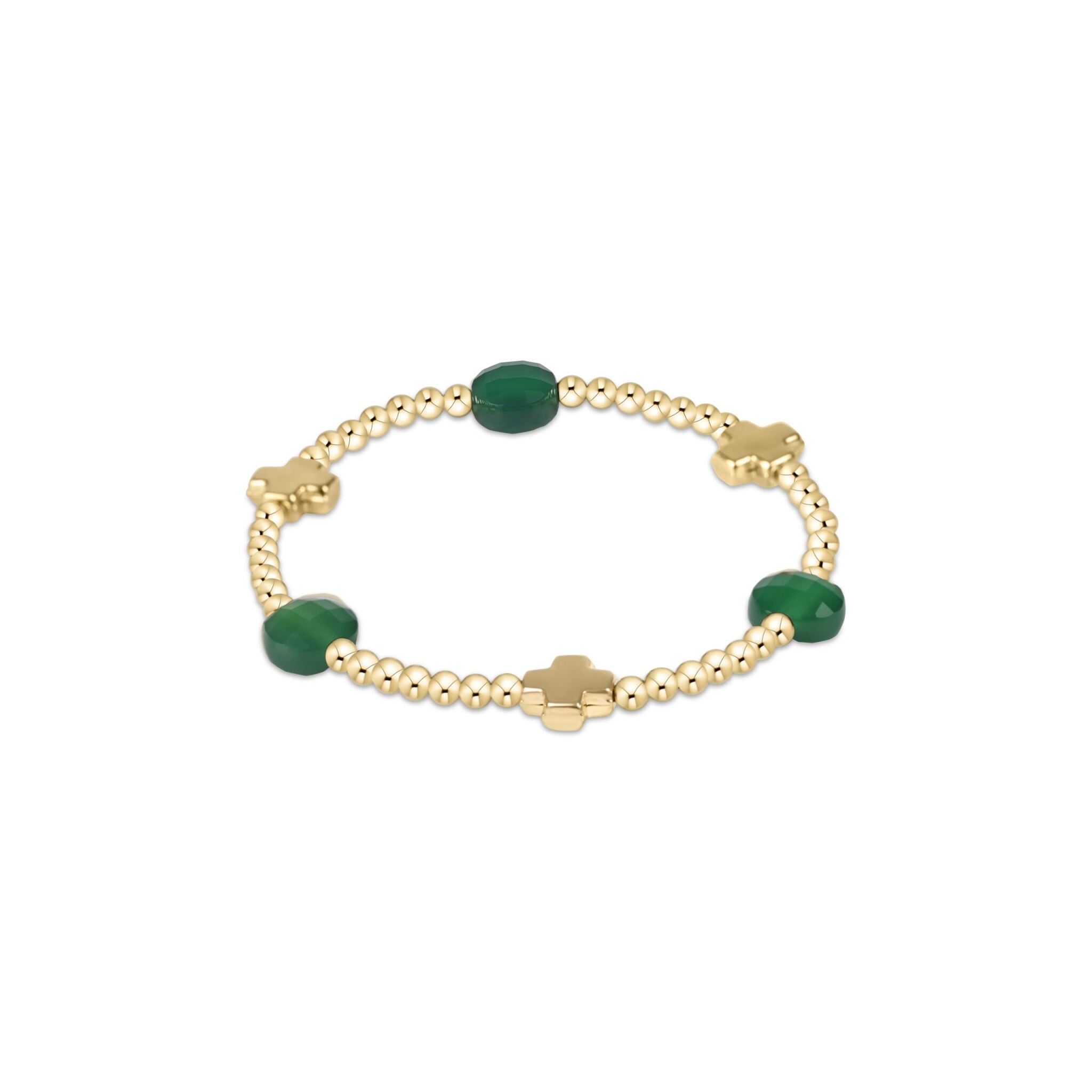 eNewton |  Signature Cross Gold Admire Pattern 3mm Bracelet - Green Onyx