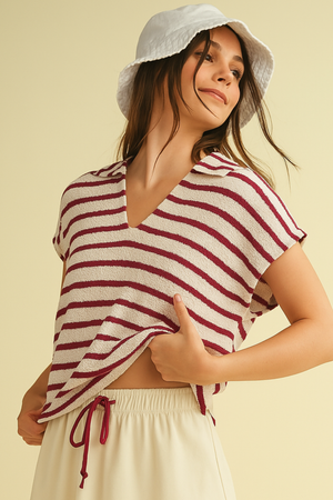 STRIPED COLLARED V NECK TOP