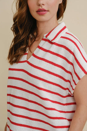 STRIPED COLLARED V NECK TOP