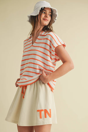 STRIPED COLLARED V NECK TOP