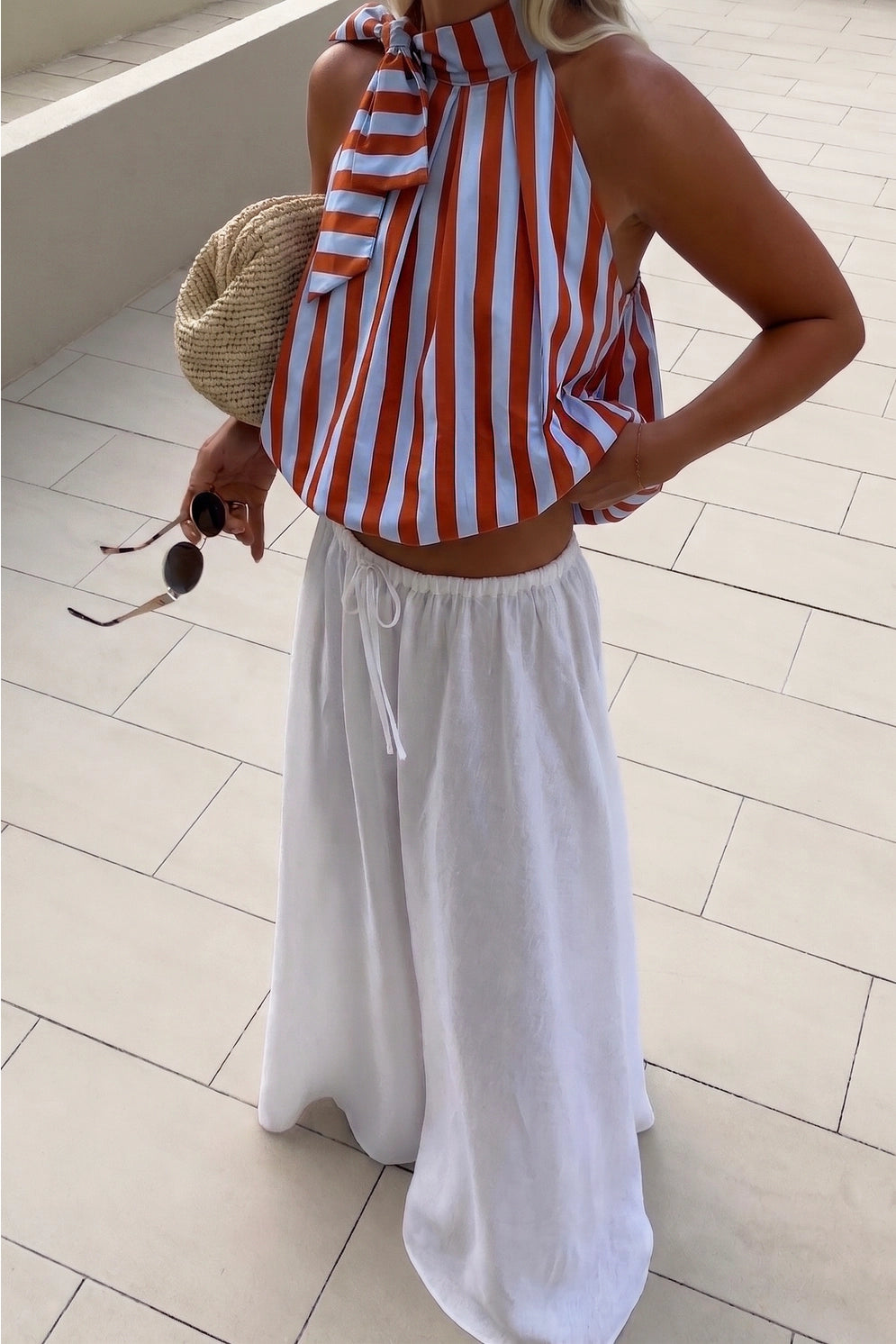 Lucy High Neck Tie Wrap Stripe Balloon Top
